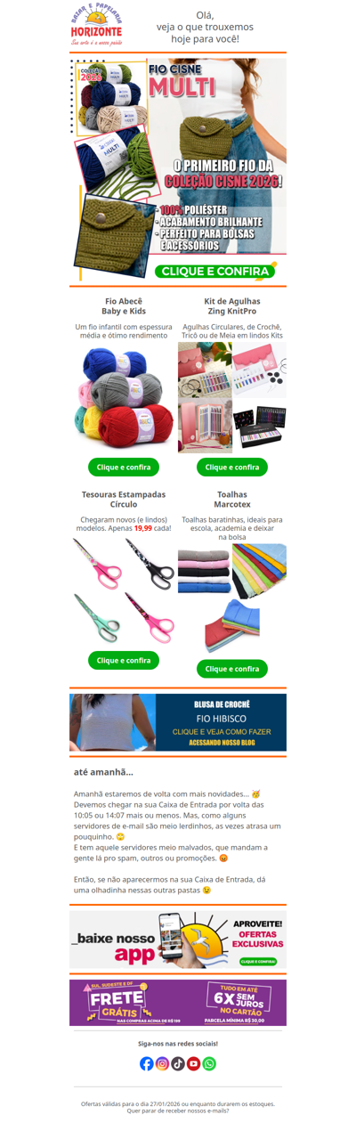 Chegou Novo Fio 2026 + Lã para Bebê, Kit de Agulhas, Tesouras Estampadas e Toalhas baratinhas. Vem ver!🧡😘