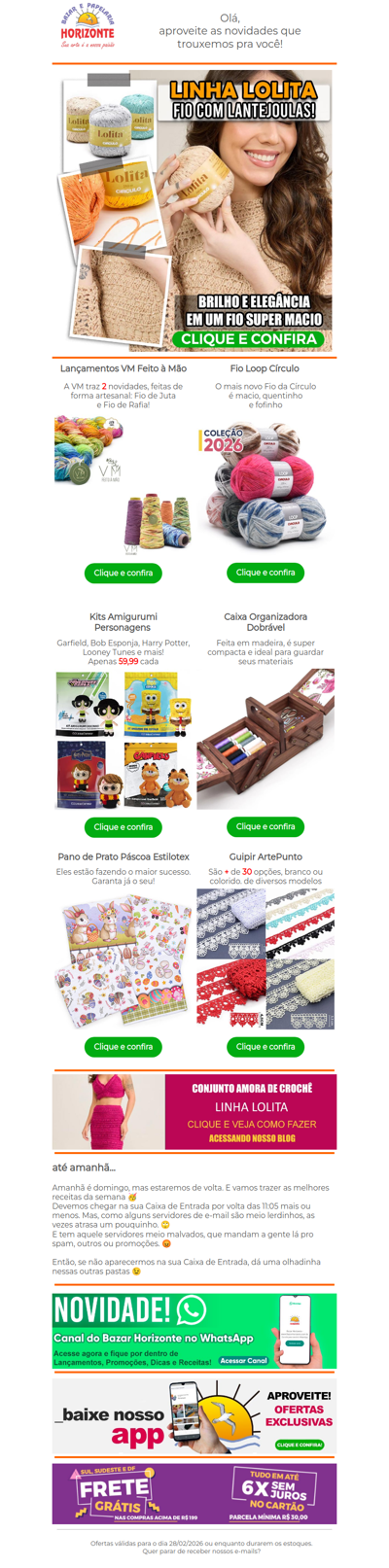 Linha Lolita, um fio com lantejoulas + Lãs 2026, Kits Amigurumi, Pano e Prato, Guipir e muito mais. Vem ver!🧡