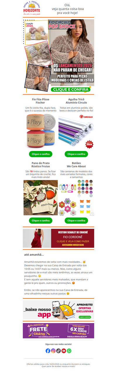 Mais um Novo Fio 2026, o incrível Fio tipo Fita da Fischer, Lindos Panos de Pratos e muitos Botões. Vem ver!🧡😄