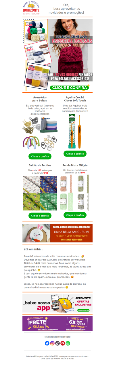 Novos Fios Cisne, Acessórios para Bolsas, Agulha Clover, Saldão de Tecidos e Rendas com até 50% OFF. Vem ver!😍