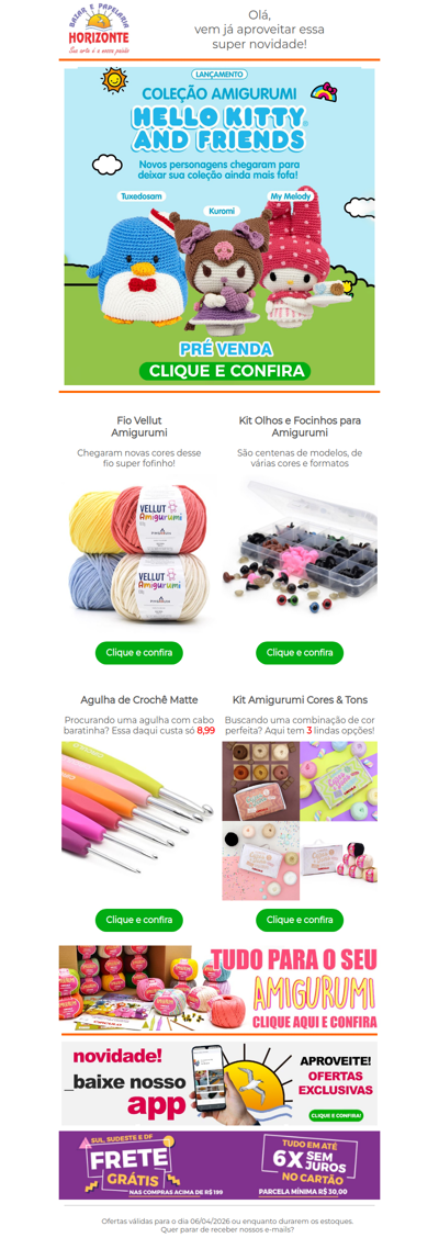 Tem mais 3 novos Kits Amigurumi da Hello Kitty e muito mais pra seu Amigurumi aqui. Vem ver!🧡