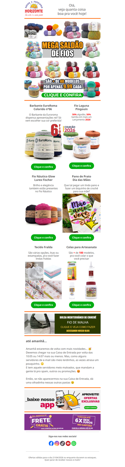 Saldão de Lãs por 9,99 + Barbante Euroroma, Fio Náutico Fischer, Pano de Prato, Tecidos Fralda e muito mais. Vem ver!🧡