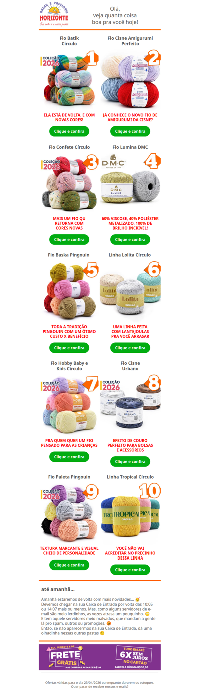 Top 10 Lãs e Linhas dessa Semana está com Lançamentos, Novas Cores e Super Ofertas. Vem ver!🧡🔟