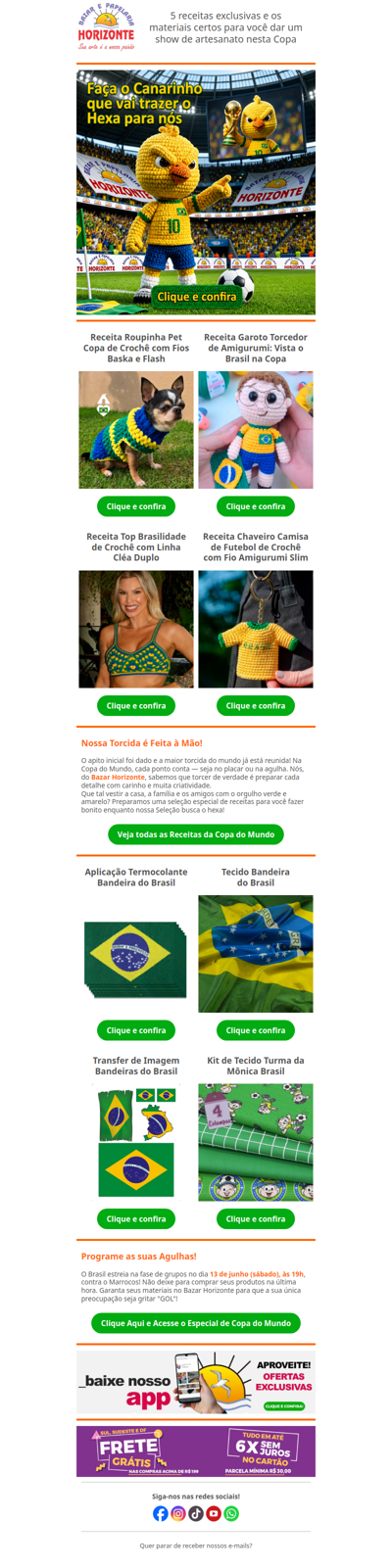 💚 Amarelinho na agulha! Venha torcer pelo Brasil com o Bazar Horizonte! 🧡