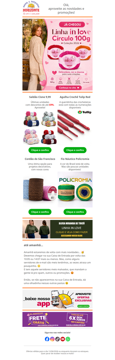 Fio novo da Círculo, Lãs por 9,99, Fio Náutico do Brasil, Agulha Tulip e muito mais. Vem ver!😍