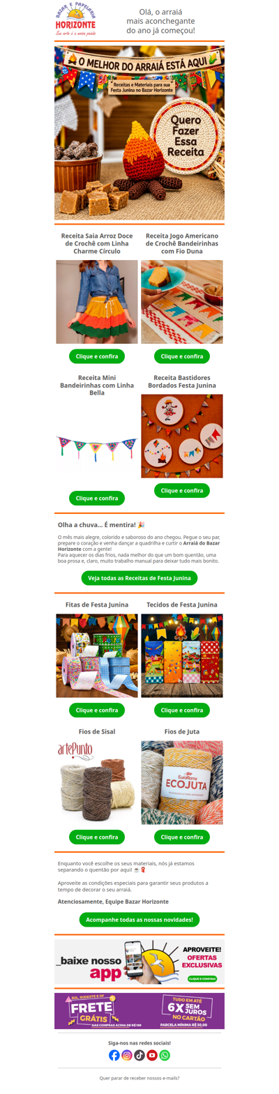 🌽 Venha pro Arraiá do Bazar Horizonte! Prepare sua casa para a melhor época do ano com nossas receitas e produtos. 🧡