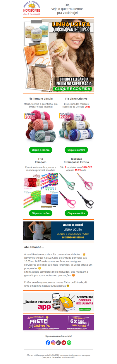 Linha com Lantejoulas, Lãs 2026, Fita Pom Pom e Tesouras com desconto. Vem ver!🧡🌞