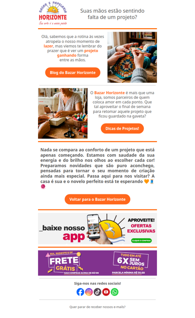 Olá! Que saudade da sua arte! Preparamos muitas novidades para abraçar o seu próximo projeto. Passa aqui? 🧡🧶🧵