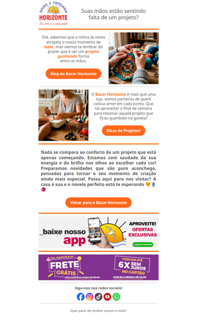 Olá! Que saudade da sua arte! Preparamos muitas novidades para abraçar o seu próximo projeto. Passa aqui? 🧡🧶🧵