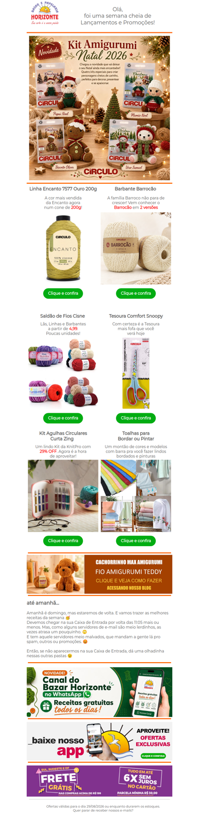 Kit Amigurumi Natal 2026, Barrocão, Linha Encanto. Tesoura do Snoopy e Promoções de Fios e Agulhas. Vem aproveitar!🥰🧡