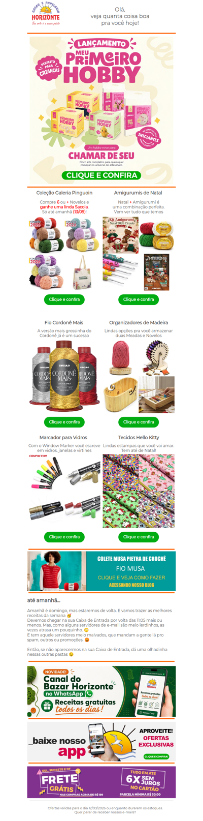 Kits Meu Primeiro Hobby, Lãs Pingouin, Amigurumi Natal, Organizadores de Fios e Tecidos Hello Kitty. Vem ver!🥰🧡