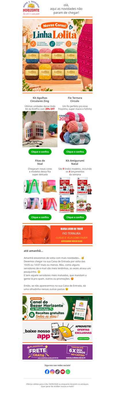Fio Lolita em Novas Cores, Agulha Importada em Promoção, Kits Amigurumi, Fitas e muito mais. Vem ver!🧡😘
