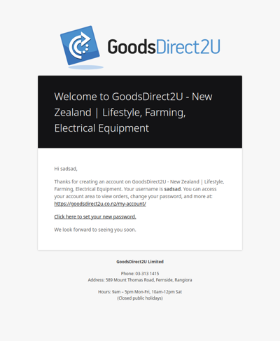 Your GoodsDirect2U - New Zealand | Lifestyle, Farming, Electrical Equipment account has been created!