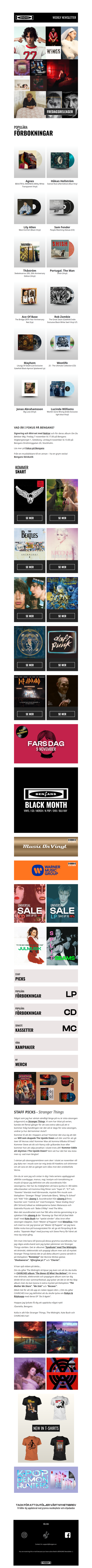 Agnes släpper nytt album! Exlusiv färg i Sverige för Mayhems nya album, Fler kampanjer på Black Month, Stranger Things tider och nya T-shirts med The Shining och Pulp Fiction!