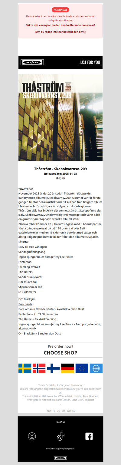 Förboka / Pre-order Thåström - Skebokvarnsv. 209 (Jubileumsutgåva Med 5 Bonusspår) 2LP och CD