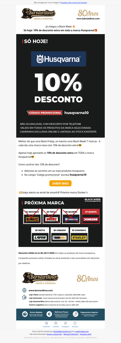 Só hoje: 10% de desconto extra na marca Husqvarna!🎁