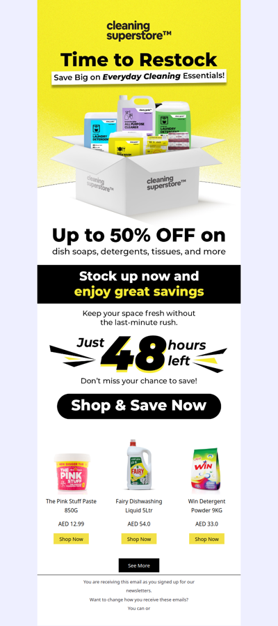 Time to Restock - Save up to 50% on Home & Cleaning Essentials today