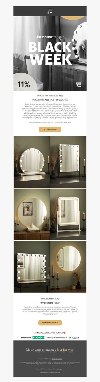 Black Week! 11 % rabatt på ALLE speil med belysning!✨