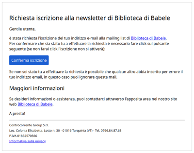 Richiesta iscrizione alla newsletter di Biblioteca di Babele