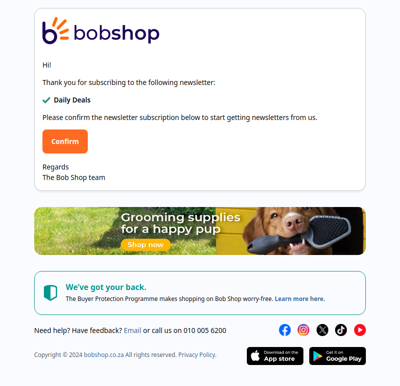 Please confirm your Bob Shop newsletter subscription