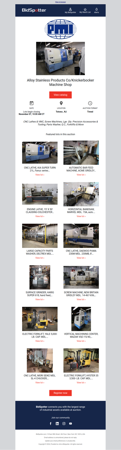 PMI Auction Nov. 7: CNC Lathes & VMC, Screw Machines, Lge. Qty. Precision Accessories & Tooling; Parts Washer, Q.C., Forklifts & More in Totowa NJ