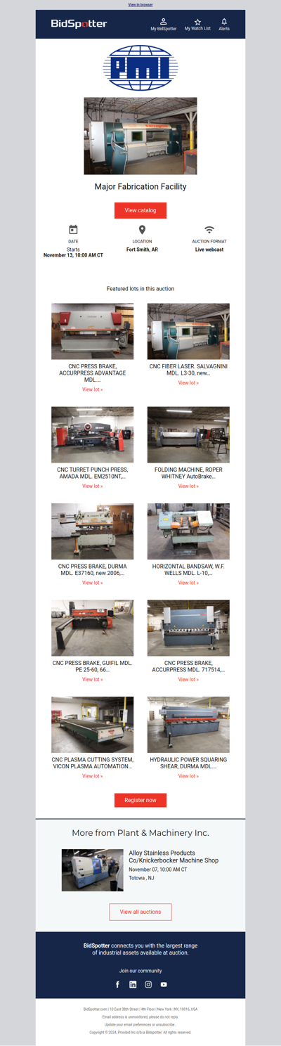 PMI Auction Nov. 13 - CNC Fab Shop: Fiber Laser, Plasma Cutter, Turret Punches, Shears, Brakes, Folder, More! PLUS Tooling!!!!