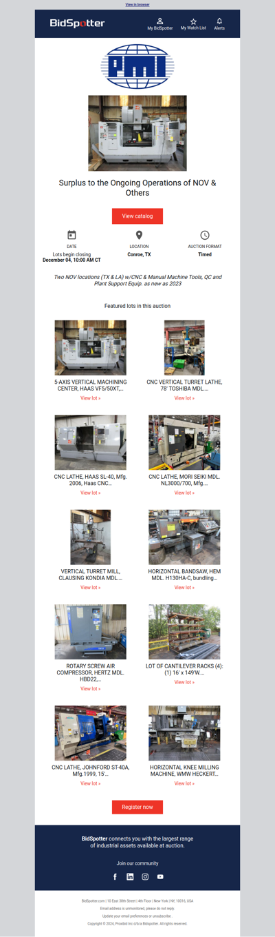 Auction Wed. Dec 4th: Two NOV locations (TX & LA) w/CNC & Manual Machine Tools, QC and Plant Support Equip. as new as 2023