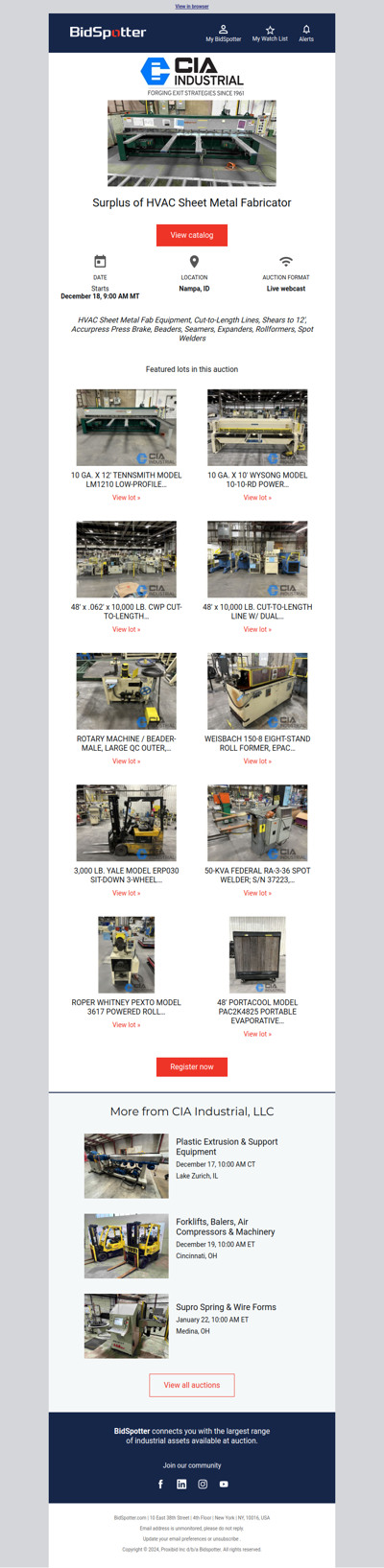 Webcast Auction of HVAC Sheet Metal Fabricator