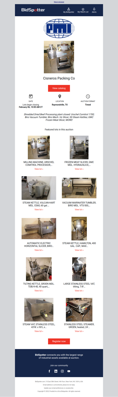 Auction Feb. 6: Shredded Dried Beef Processing plant closed: Urschel Comitrol 1700; Biro Vacuum Tumbler; Biro Mech. Hz Slicer; SS Steam Kettles; GMC Frozen Meat Slicer; MORE!