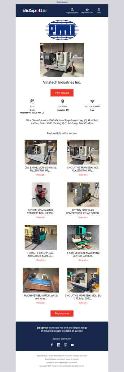 PMI Auction Oct. 1: Ultra Clean Precision CNC Machine Shop Downsizing: (5) Mori Seiki Lathes, Dah Li VMC, Tooling, Q.C., Air Comp, Forklift, More