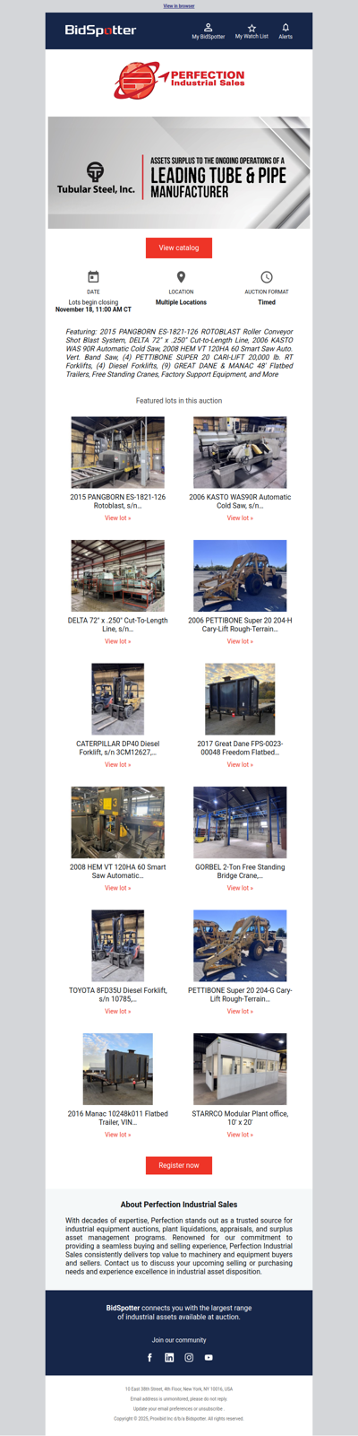 Nov 18 – Pangborn RoboBlast, Saws, Pettibone RT Forklifts, Flatbed Trailers, & more