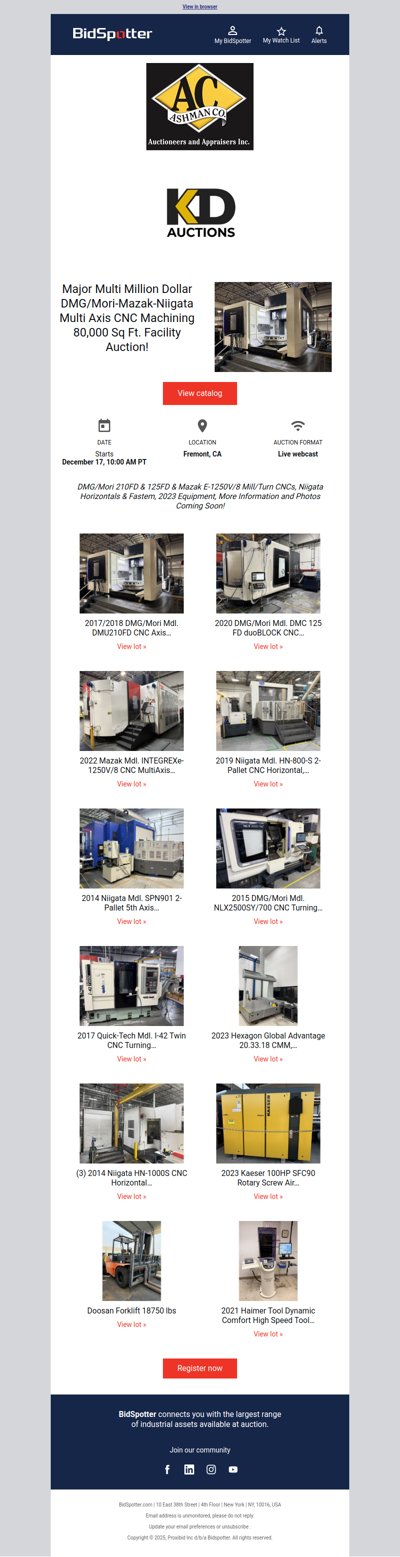 Major Multi Million Dollar DMG/Mori-Mazak-Niigata Multi Axis CNC Machining 80,000 Sq Ft. Facility Auction! December 17 & 18
