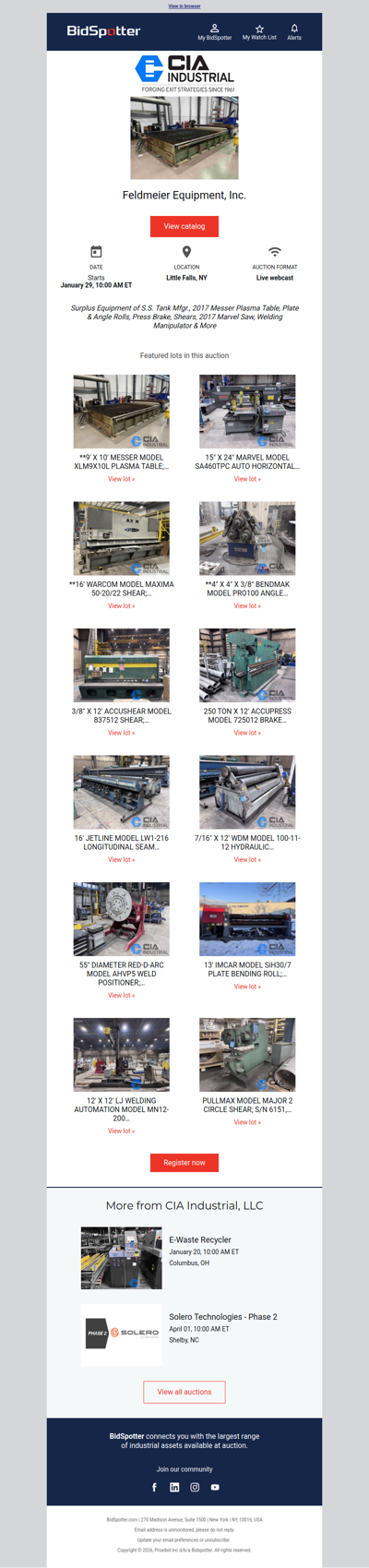 Auction of Surplus Equipment to Major Stainless Steel Fabricator