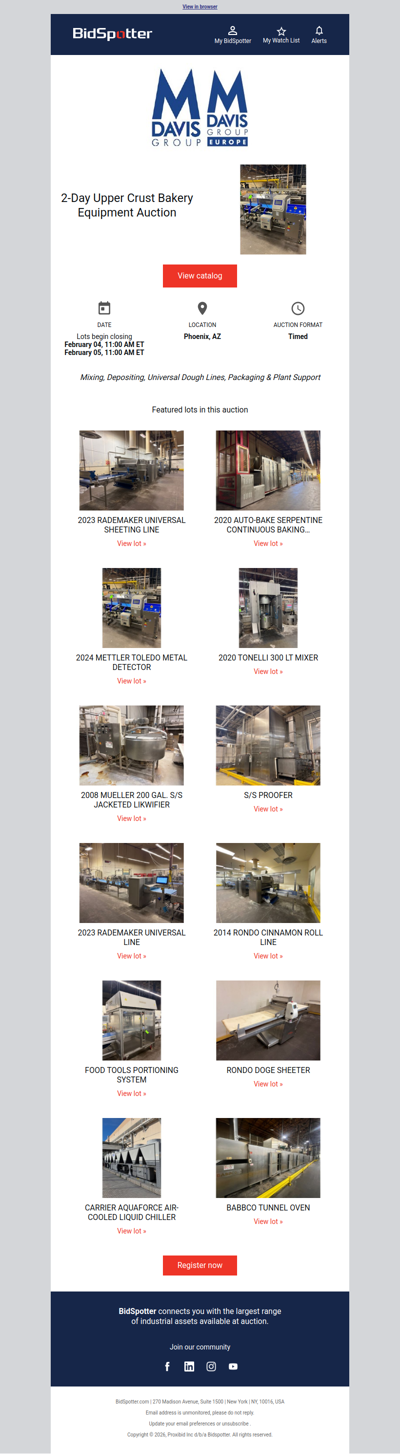 2-Day Upper Crust Bakery Equipment Auction - Phoenix, AZ | February 4 & 5