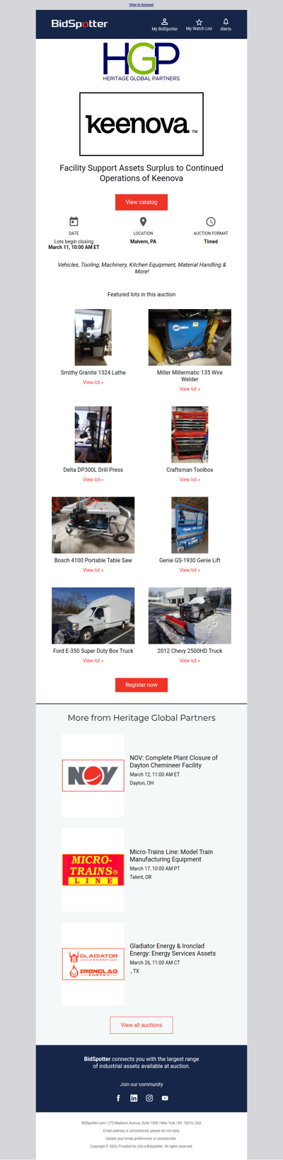 Register! Facility Support Equipment Auction on 3/11