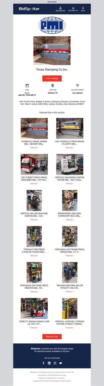 PMI Auction April 8: CNC Punch Press, Brakes & Shears; Stamping Presses; Ironworker; 4-Axis Vert. Mach. Center; EDM; Mills; Lathes; Grinders, Raw Material, MORE!!!