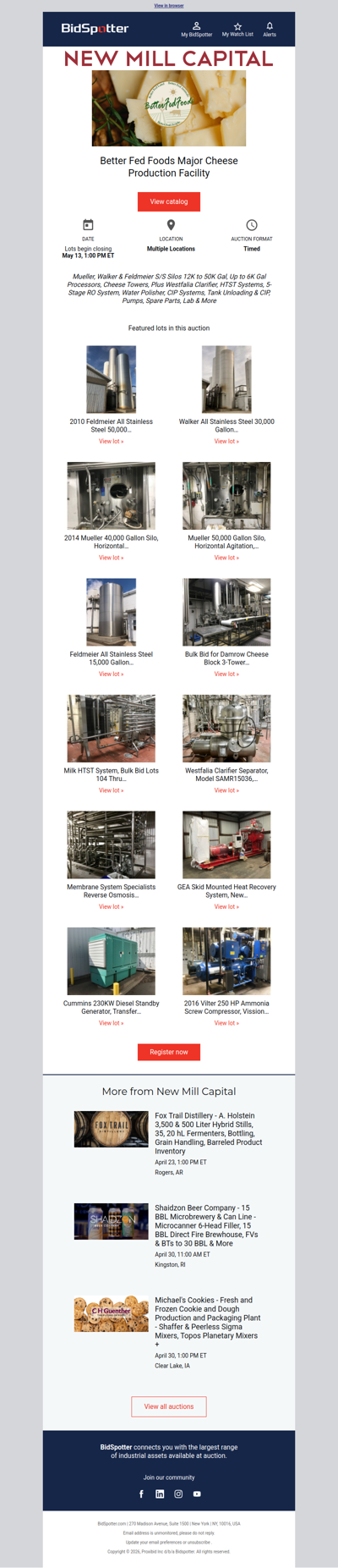 Major Cheese Production Facility Sale - Lot List Posted