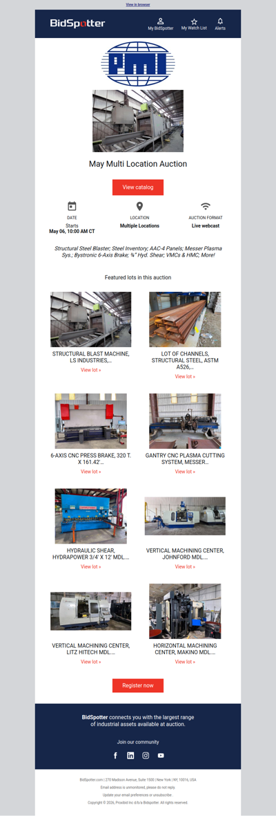 PMI Auction May 6: Structural Steel Blaster; Steel Inventory; AAC-4 Panels; Messer Plasma Sys.; Bystronic 6-Axis Brake; ¾” Hyd. Shear; VMCs & HMC; More!