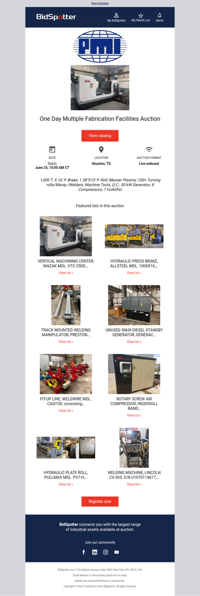 PMI Auction-June 25: 1,000 T. X 16’ P. Brake; 1.38”X10’ P. Roll; Messer Plasma; 100+ Turning rolls/Manip./Welders; Machine Tools; Q.C.; 50 kW Generator; 8 Compressors; 7 Forklifts!