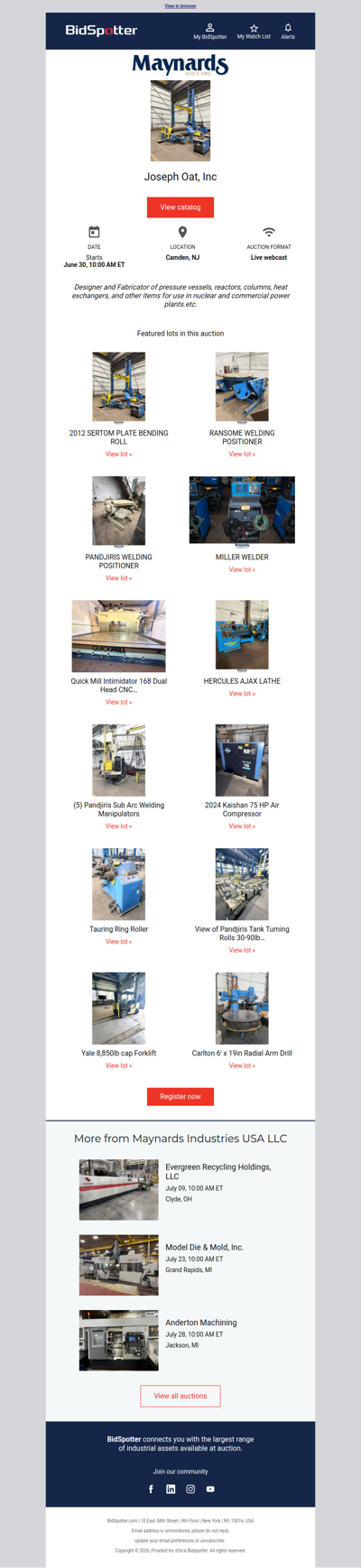 Auction of Joseph Oat, Inc | June 30