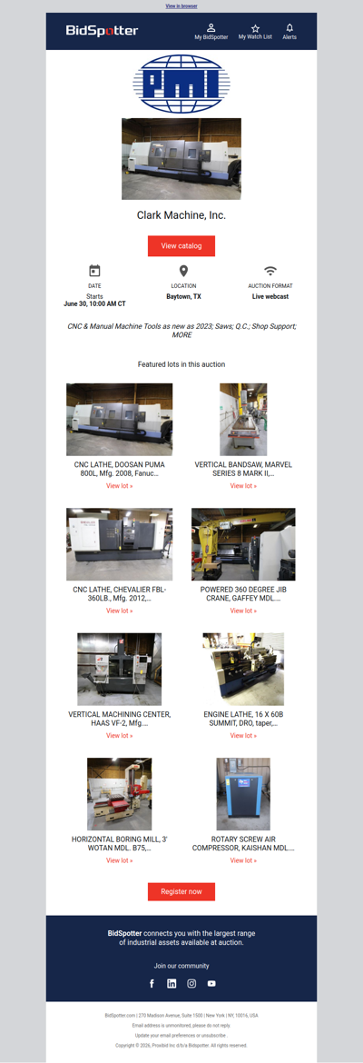 PMI Auction June 30: CNC & Manual Machine Tools as new as 2023; Saws; Q.C.; Shop Support; MORE