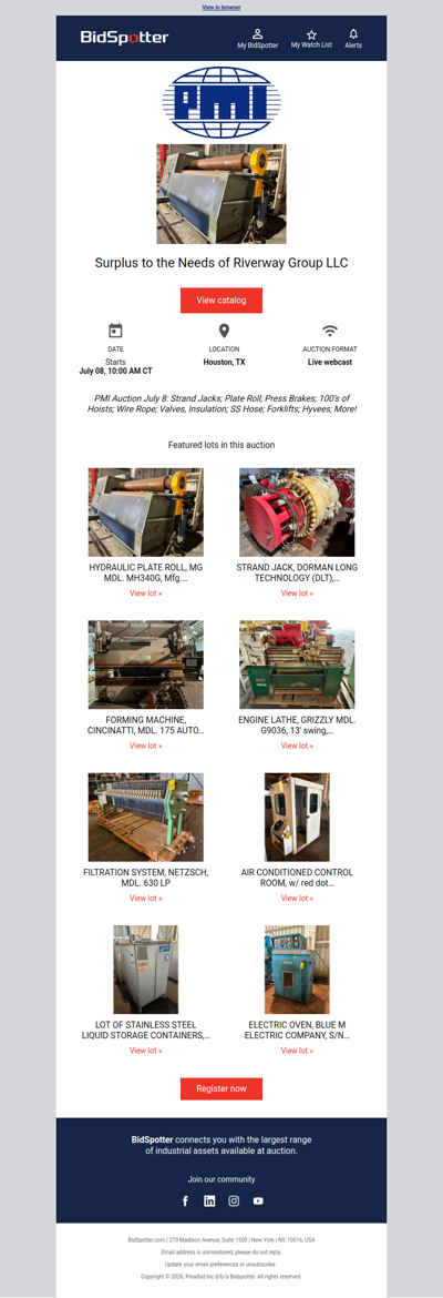 PMI Auction July 8: Strand Jacks; Plate Roll; Press Brakes; 100’s of Hoists; Wire Rope; Valves, Insulation; SS Hose; Forklifts; Hyvees; More!