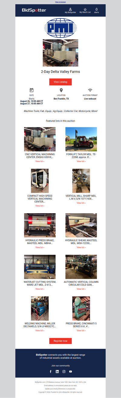 2-Day Auction, 8/26 & 8/27: Machine Tools; Fab. Equip.; Ag Equip.; Collector Car; Motorcycle; More!