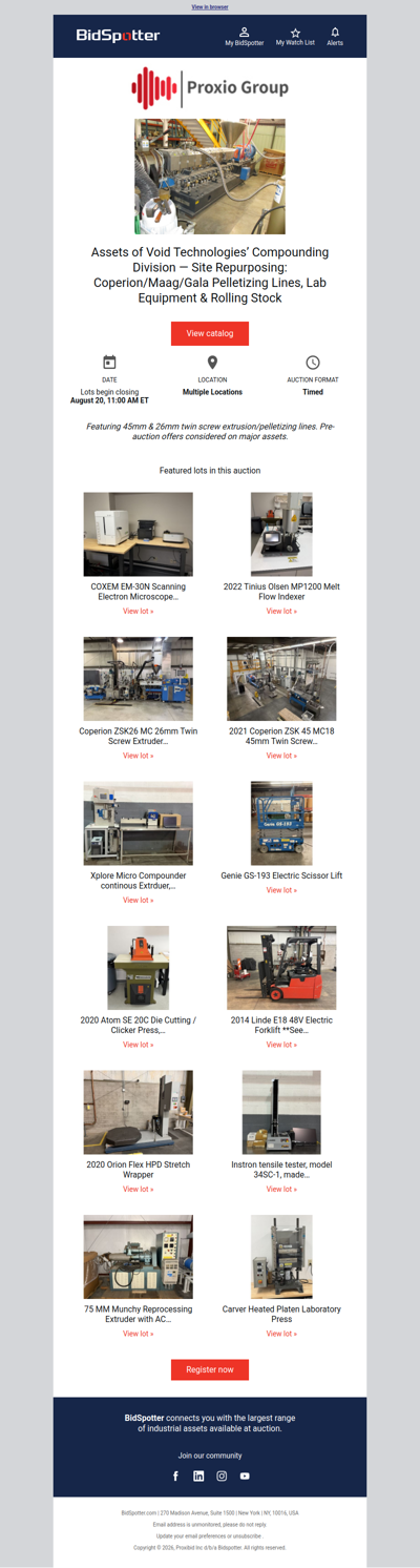 Assets of Void Technologies’ Compounding Division — Site Repurposing: Coperion/Maag/Gala Pelletizing Lines, Lab Equipment & Rolling Stock