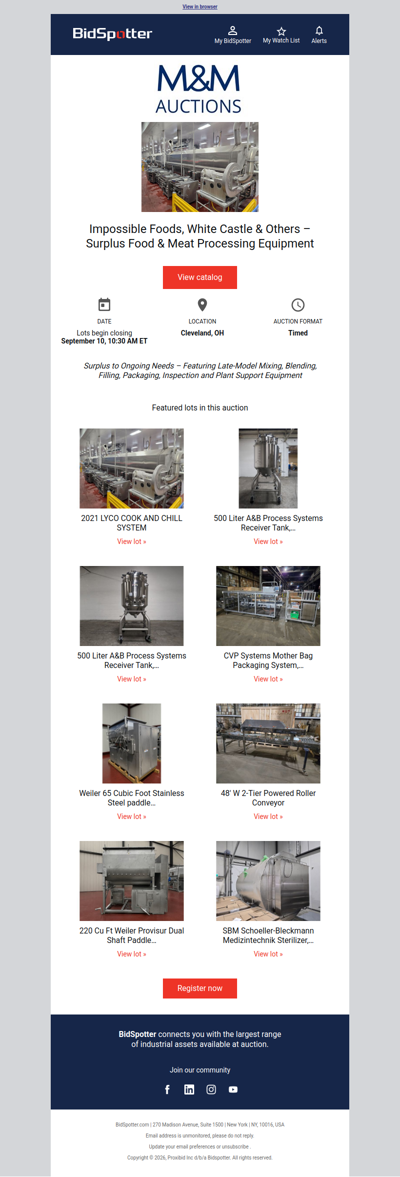 Impossible Foods, White Castle & Others – Surplus Food & Meat Processing Equipment | September 10