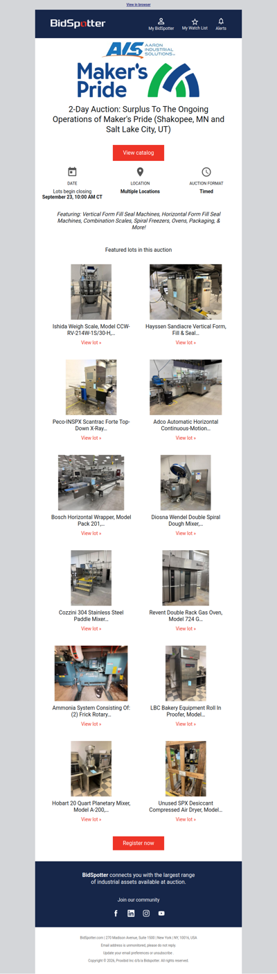 2-Day Auction: Surplus To The Ongoing Operations of Maker's Pride (Shakopee, MN and Salt Lake City, UT)