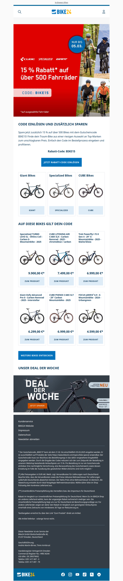 15 % Rabatt auf über 500 Bikes 🔥