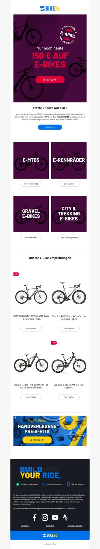 Nur noch heute: -150 € auf alle E-Bikes 🚨