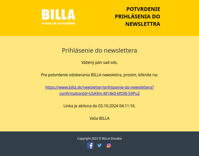 BILLA Prihlásenie do newslettra