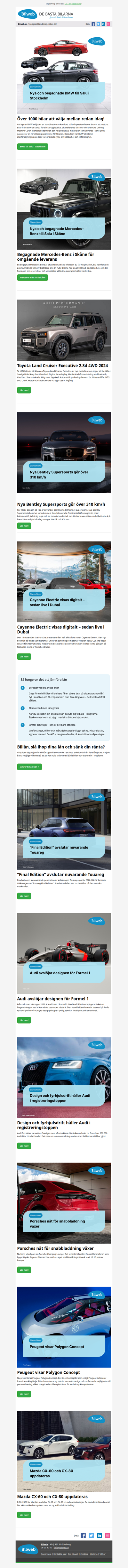 BMW till salu i Stockholm, Nya Bentley, Porsche Cayenne Electric, VW Touareg Final Edition, Audi visar ny design för Formel 1